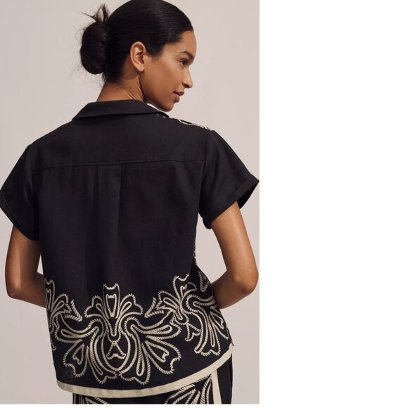 Anthropologie The Brenna Short-Sleeve Buttondown Shirt Linen Edition M new black - Picture 5 of 6